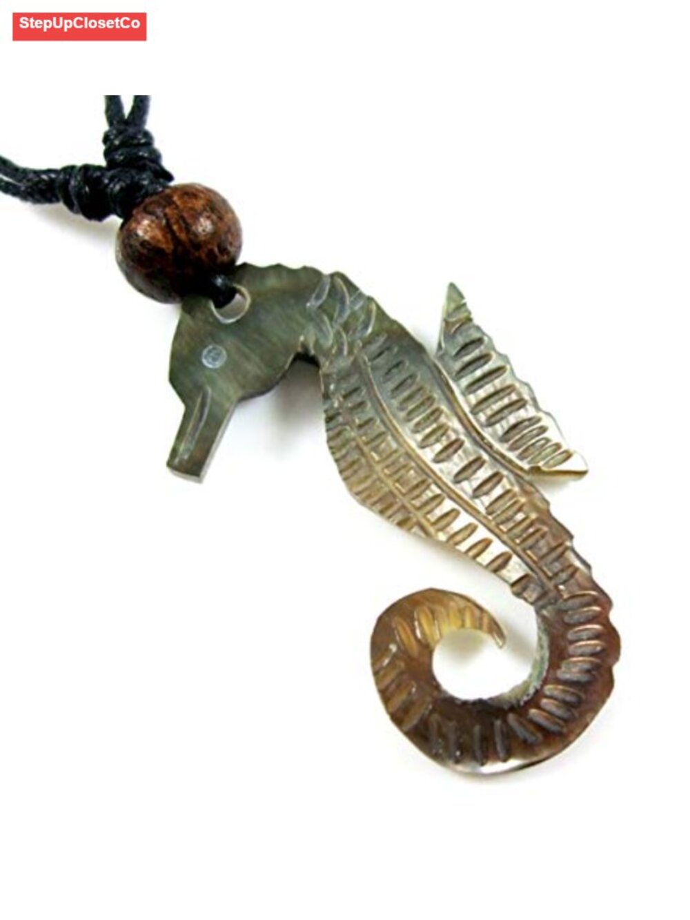 Hand Carved Seahorse Mother of Pearl Shell Pendant Necklace Adjustable Waxed